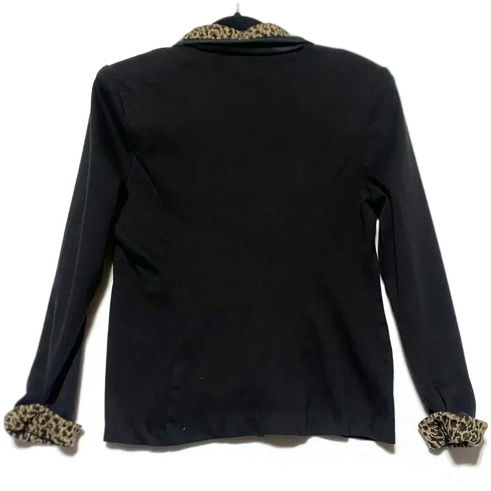 Especially Yours Women's Black Jacket Size 12 Leopard Print Collar Cuffs Button